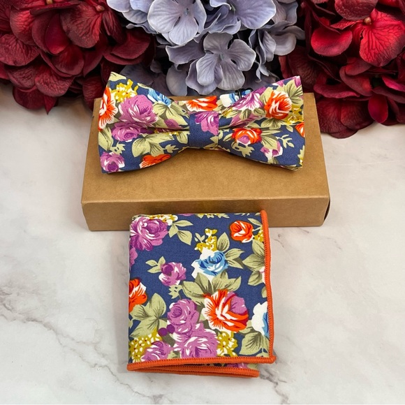 Blue Floral Butterfly Bow Tie and Pocket Square - Picture 2 of 16